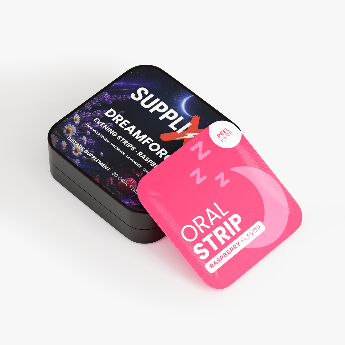 SUPPLI-X DreamForge Evening Strips tin from the side, raspberry flavored melatonin oral strips