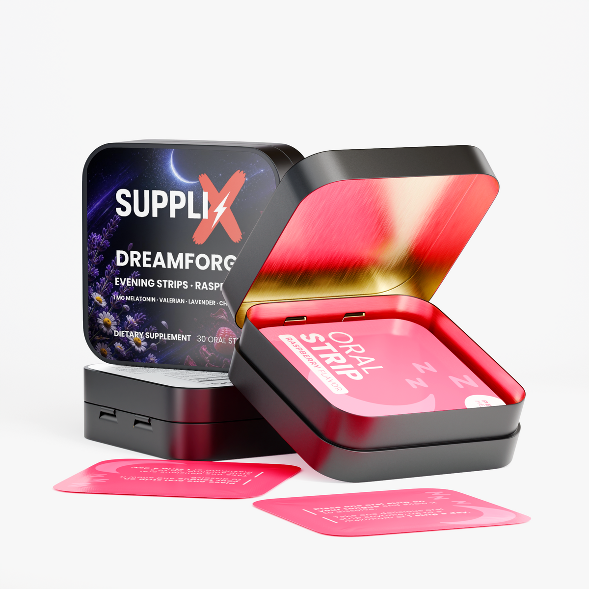 SUPPLI-X DreamForge Evening Strips open tin with dissolving raspberry oral strips