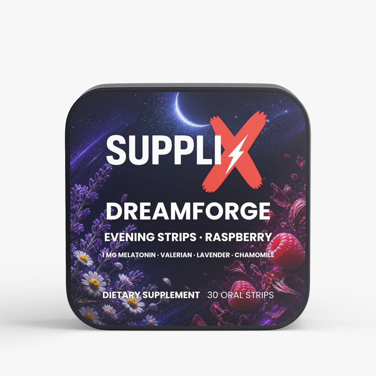 SUPPLI-X DreamForge Evening Strips tin front, melatonin 1 mg with valerian, lavender and chamomile, raspberry flavor, 30 oral strips