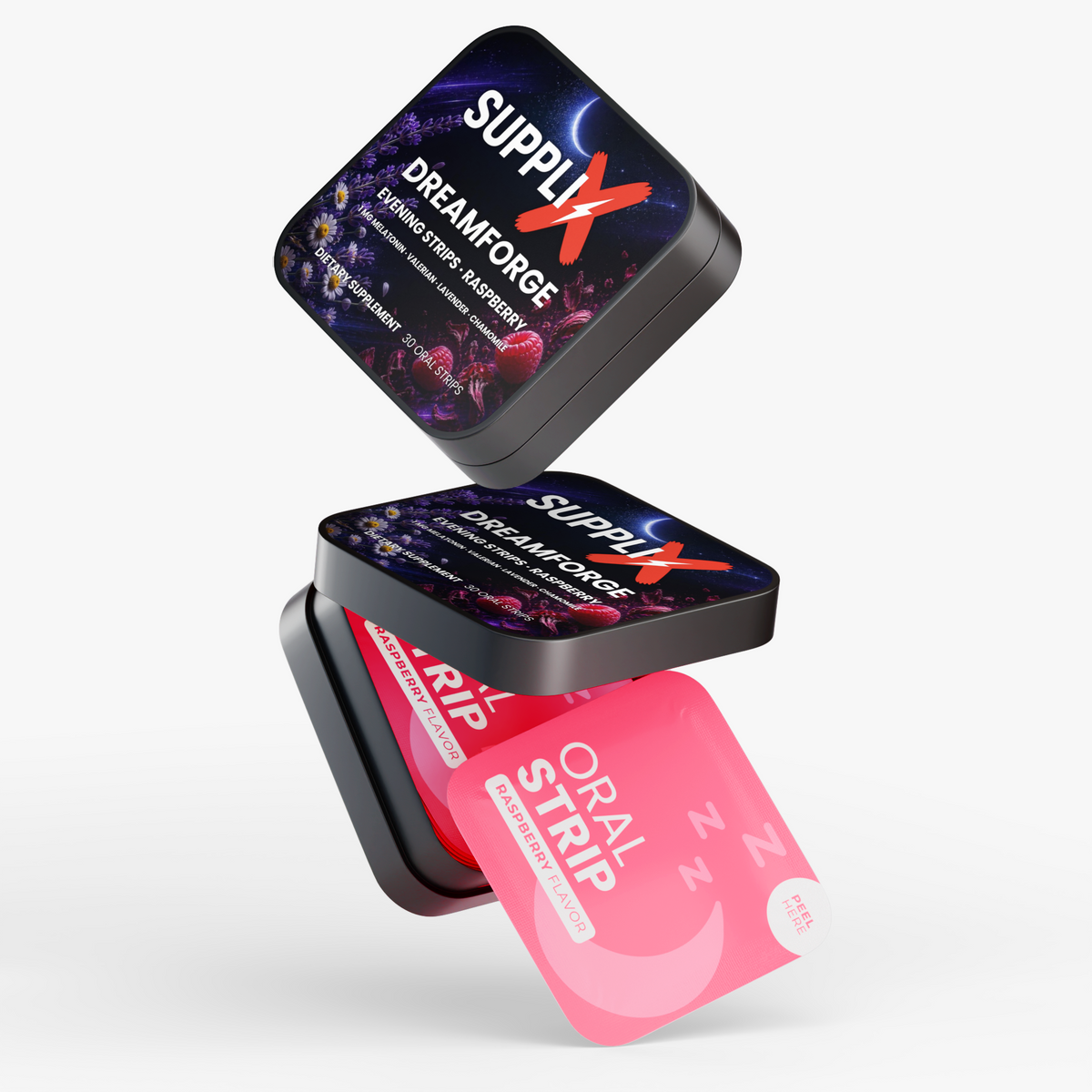 SUPPLI-X DreamForge Evening Strips pocket tin with lid open, 30 evening strips