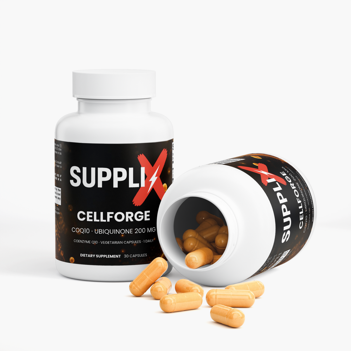 SUPPLI-X CellForge CoQ10 bottle with orange vegetarian capsules