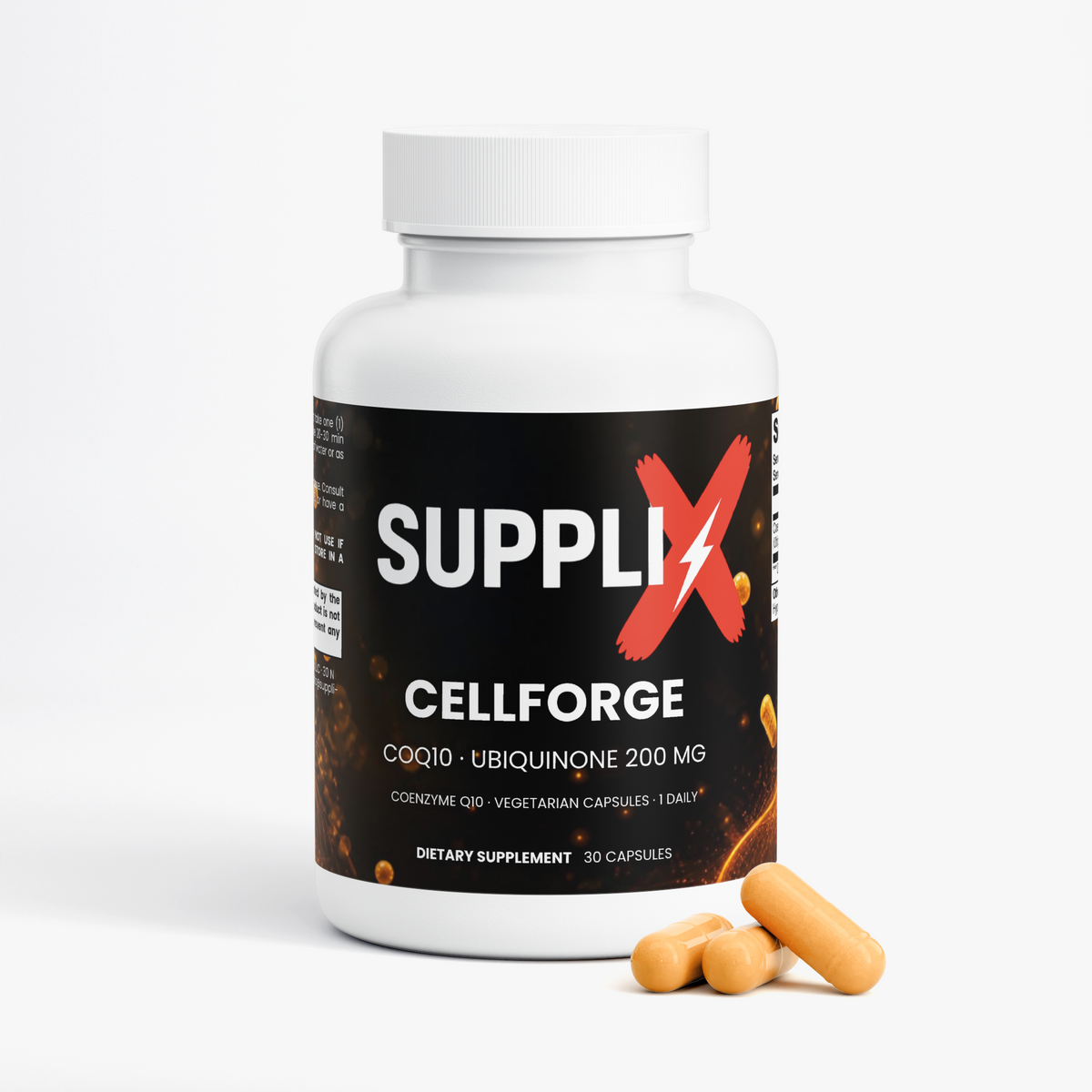 SUPPLI-X CellForge CoQ10 bottle side view with supplement facts