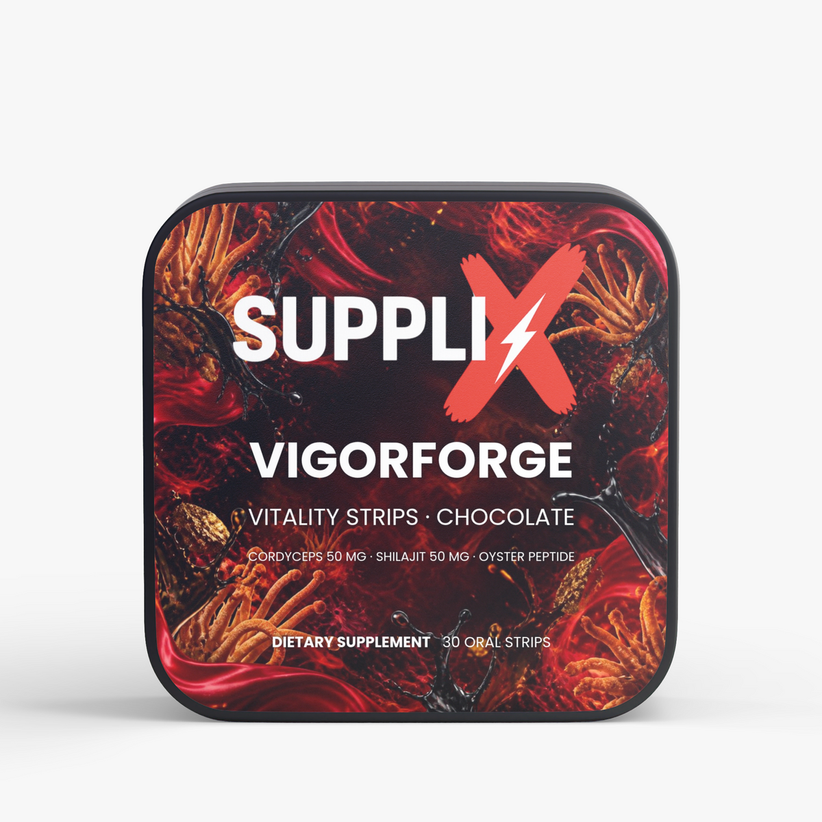 SUPPLI-X VigorForge Cordyceps and Shilajit oral strips box, front view
