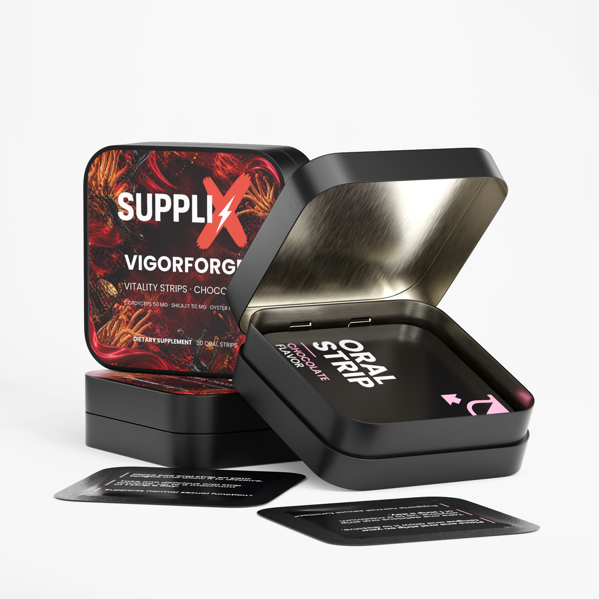 SUPPLI-X VigorForge Cordyceps and Shilajit strips box with a single dissolvable strip in front