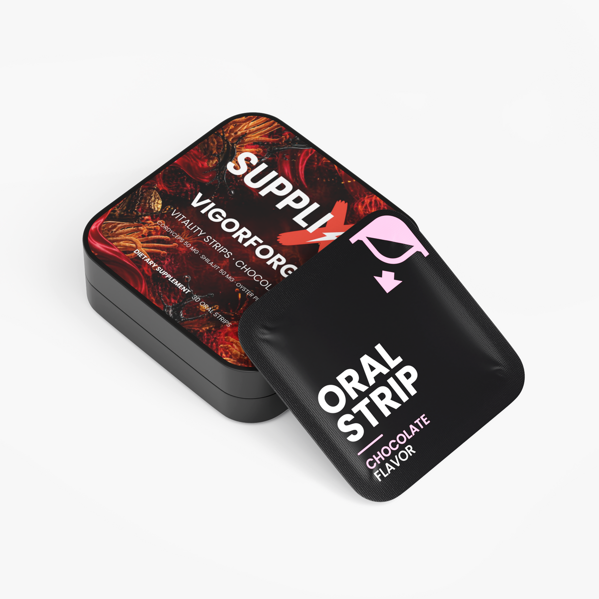 SUPPLI-X VigorForge Cordyceps and Shilajit strips box, side view with label and ingredient details