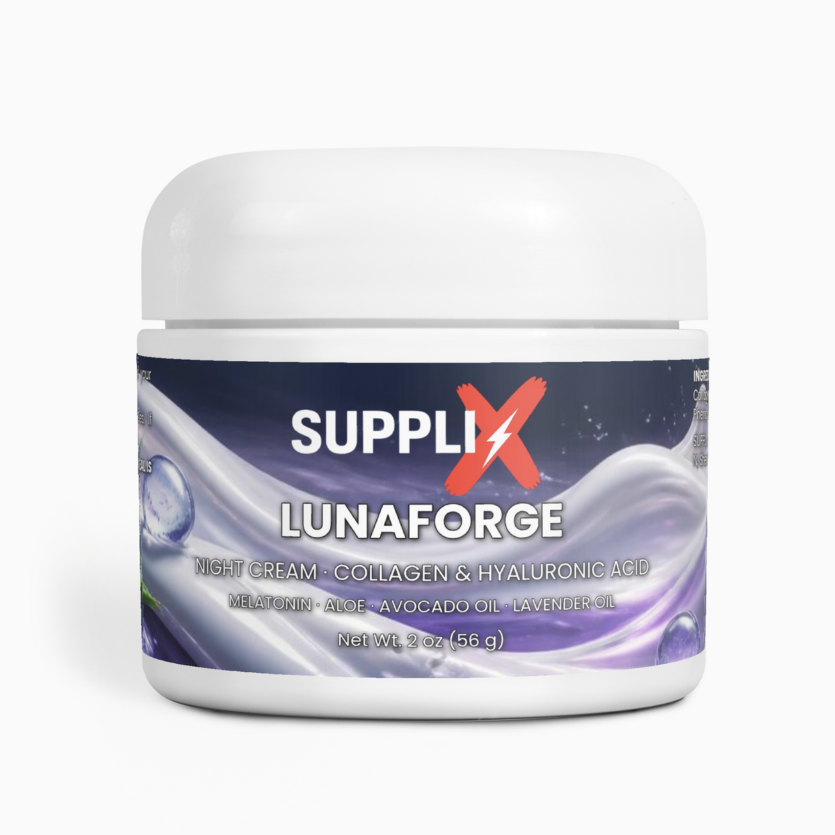 SUPPLI-X LunaForge Night Cream 2 oz jar with collagen, hyaluronic acid, melatonin and lavender oil
