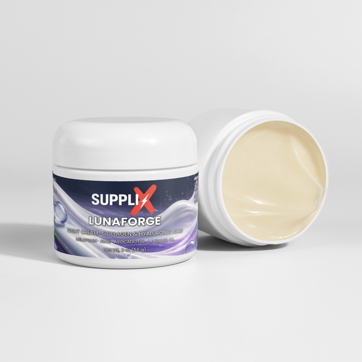 SUPPLI-X LunaForge Night Cream open jar showing the cream texture