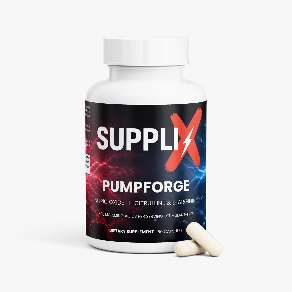 SUPPLI-X PumpForge Nitric Oxide bottle side view with supplement facts