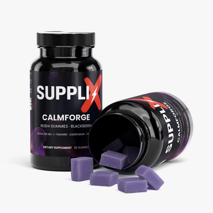 SUPPLI-X CalmForge Reishi Gummies bottle with loose gummies in front