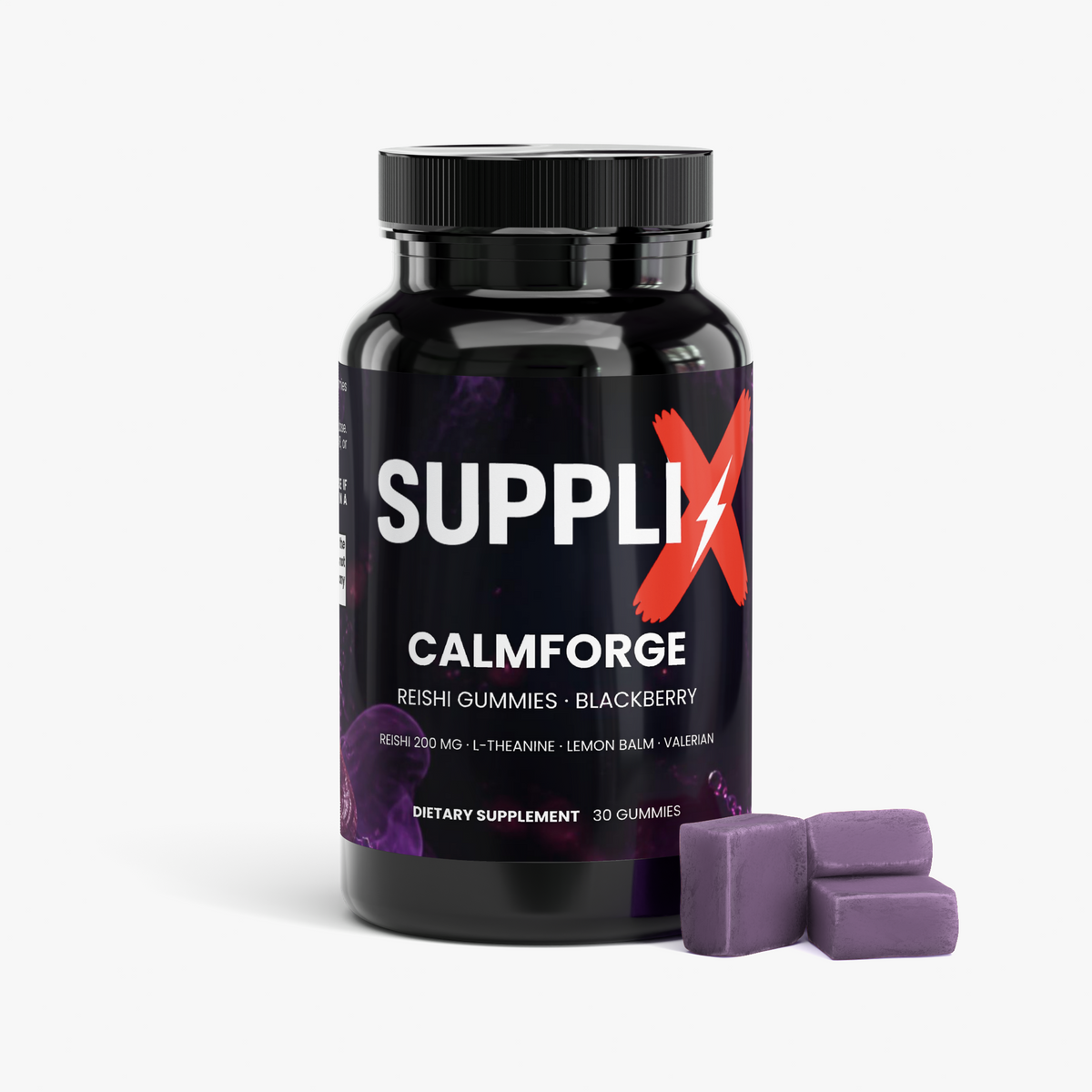 SUPPLI-X CalmForge Reishi Gummies bottle, side view with label and ingredient details