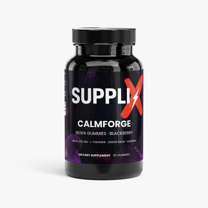 SUPPLI-X CalmForge Reishi Gummies bottle with reishi mushroom and valerian root, front view
