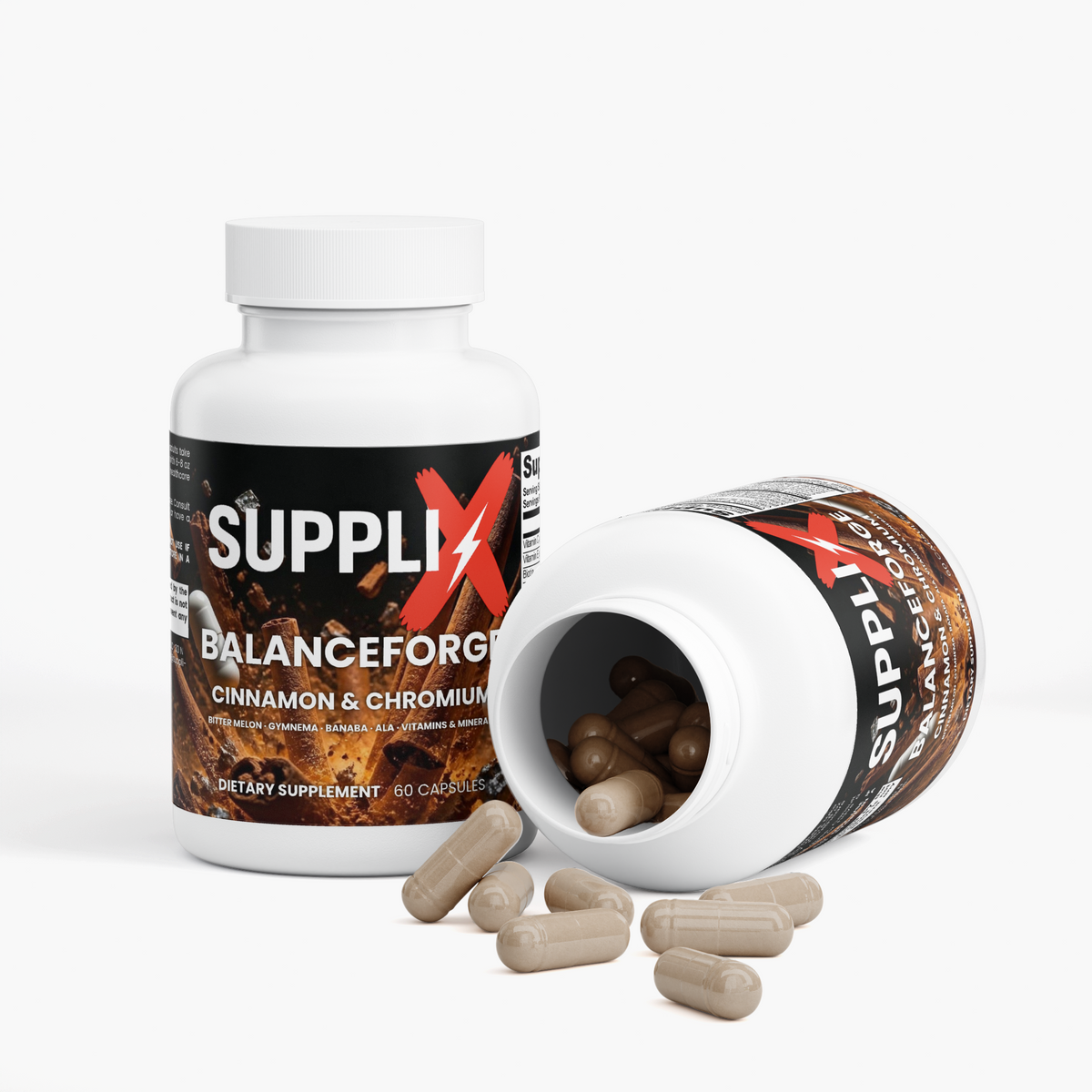 SUPPLI-X BalanceForge Cinnamon & Chromium bottle with loose capsules in front