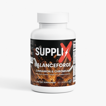 SUPPLI-X BalanceForge Cinnamon & Chromium bottle, 148 mcg chromium and 620 mg botanical blend per serving, 60 capsules, front view