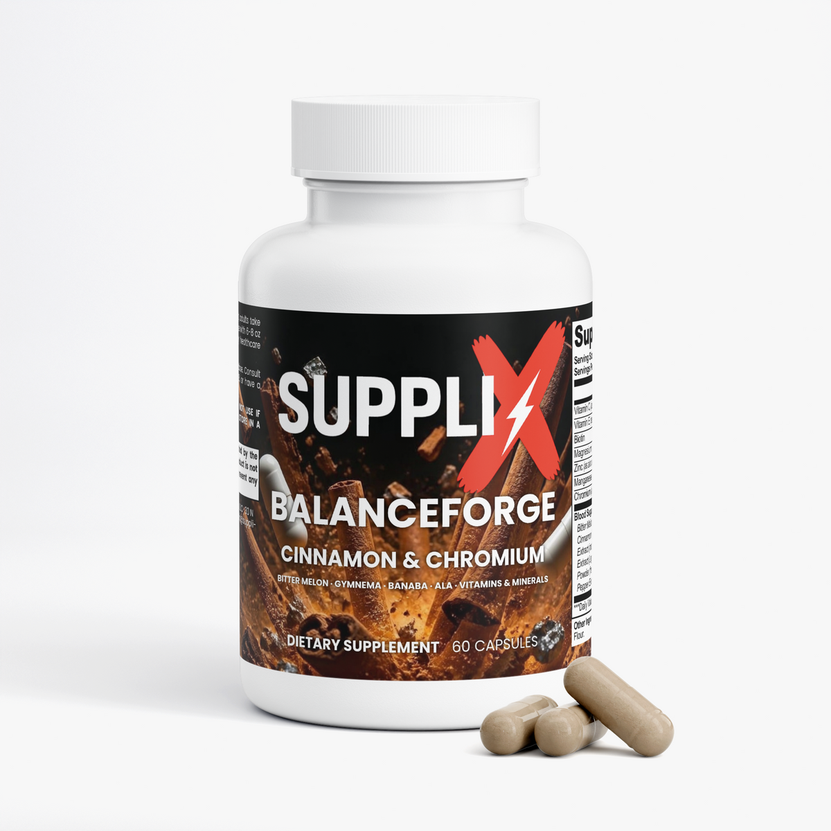 SUPPLI-X BalanceForge Cinnamon & Chromium bottle, side view with label and ingredient details