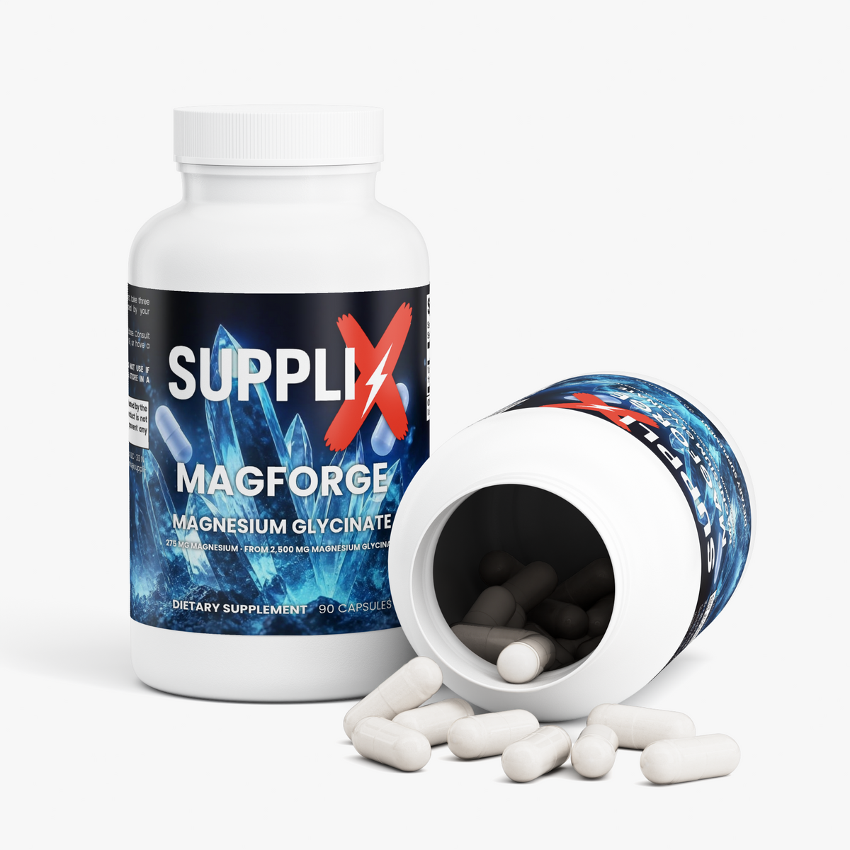 SUPPLI-X MagForge Magnesium Glycinate bottle with loose magnesium glycinate capsules in front