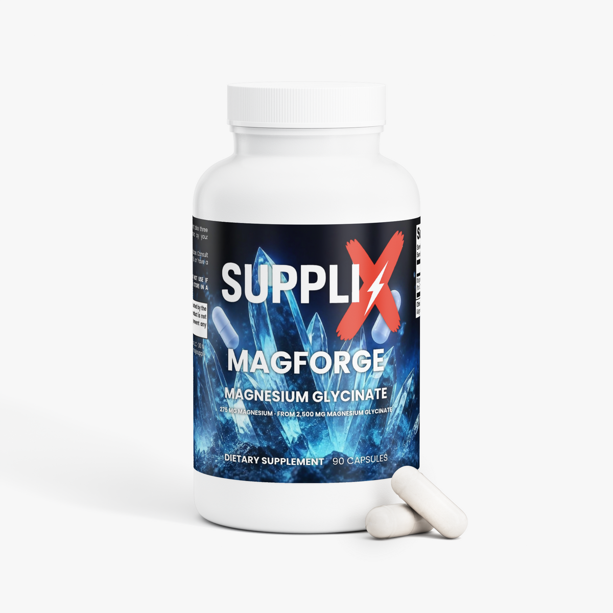 SUPPLI-X MagForge Magnesium Glycinate bottle, side view with label and serving information