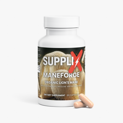 SUPPLI-X ManeForge Lion's Mane bottle, side view with label and ingredient details