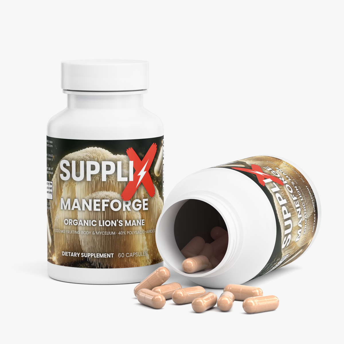 SUPPLI-X ManeForge Lion's Mane bottle with loose capsules in front