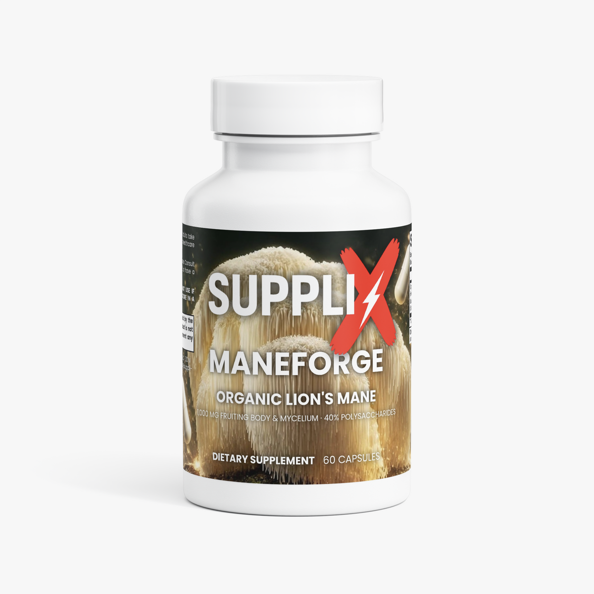 SUPPLI-X ManeForge Lion's Mane bottle, 1,000 mg organic fruiting body and mycelium per serving, 60 capsules, front view