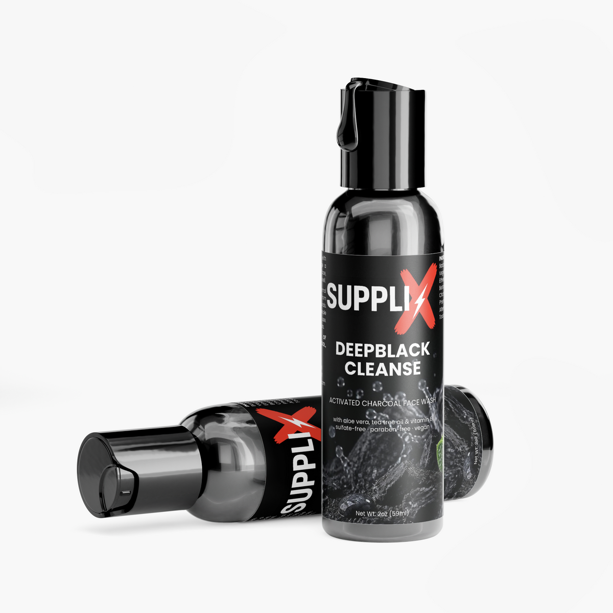 SUPPLI-X DeepBlack Cleanse charcoal face wash bottle, side view with label details