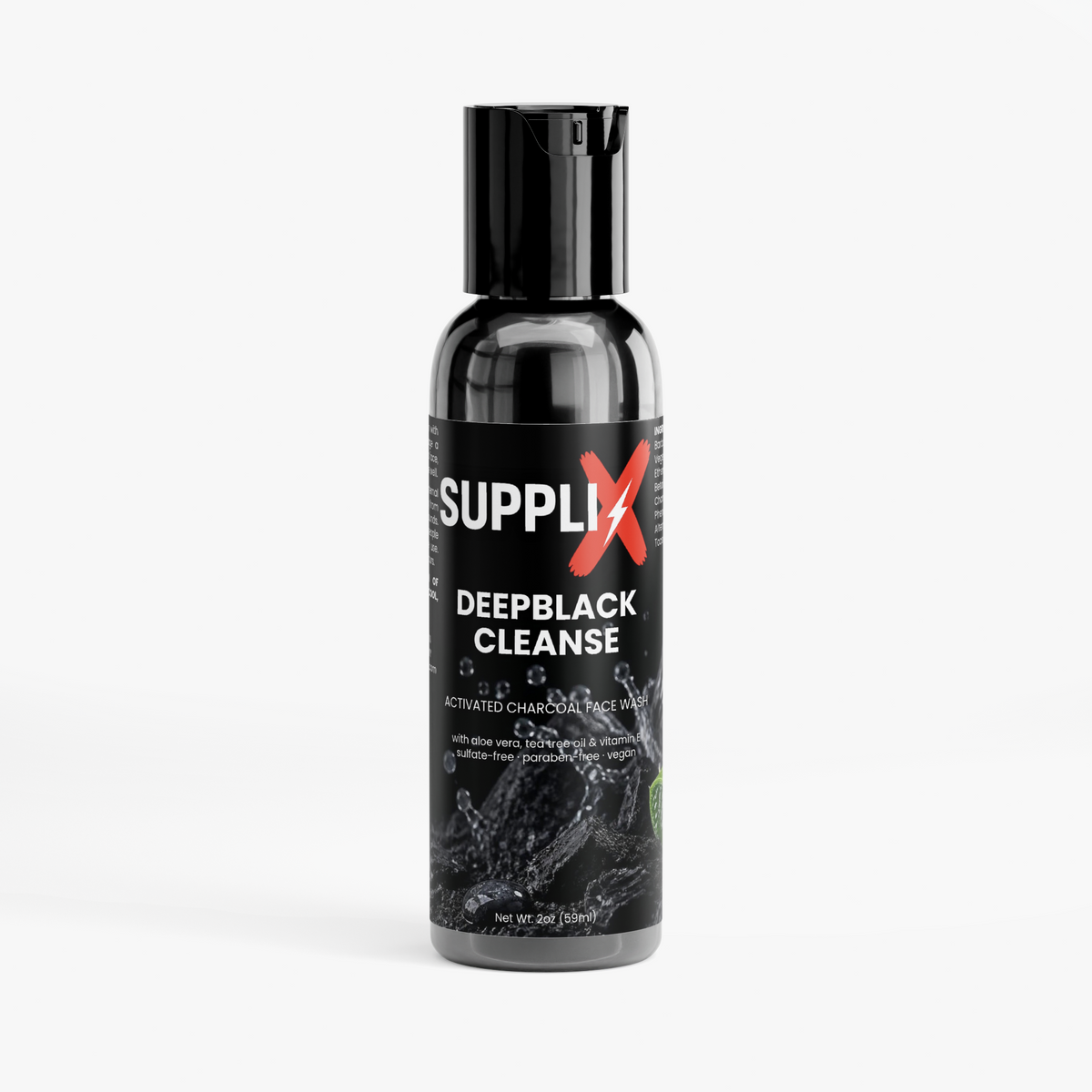 SUPPLI-X DeepBlack Cleanse activated charcoal face wash with aloe vera and tea tree oil, 2 oz black gel bottle, front view