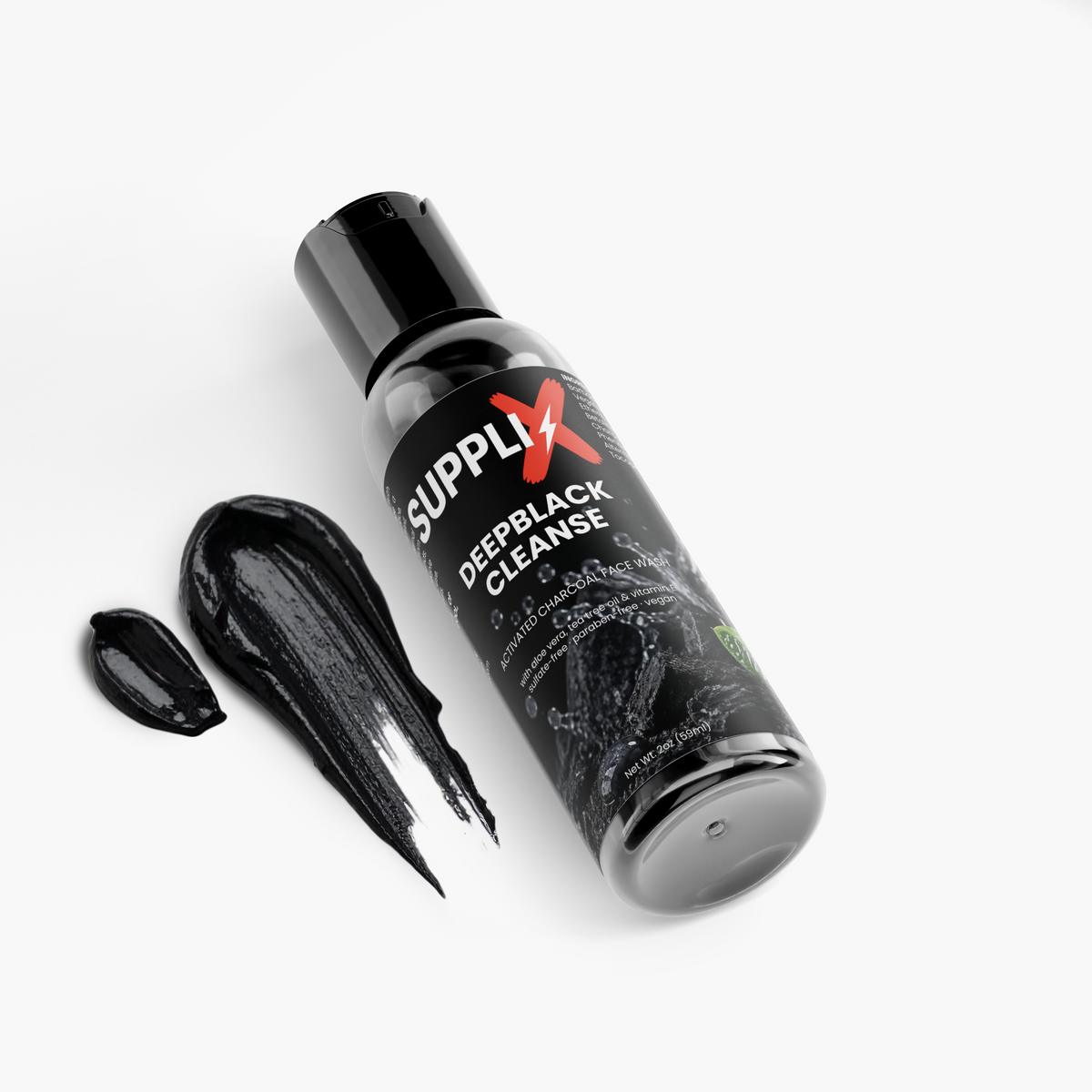 SUPPLI-X DeepBlack Cleanse charcoal face wash bottle lying down with black gel drop