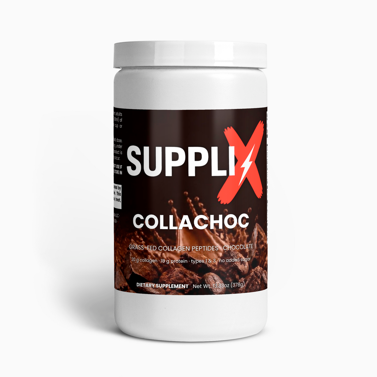SUPPLI-X CollaChoc grass-fed collagen peptides powder chocolate, 20 g collagen per serving, 14 servings tub front view
