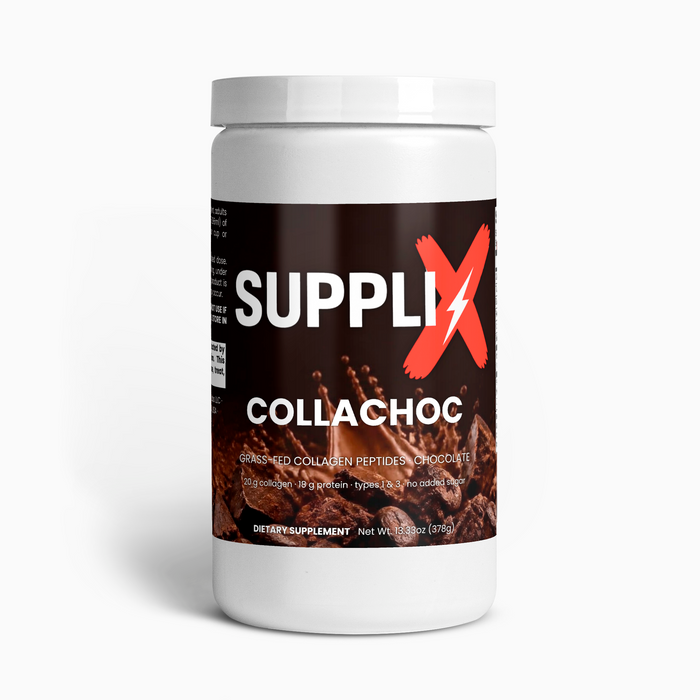 SUPPLI-X CollaChoc grass-fed collagen peptides powder chocolate, 20 g collagen per serving, 14 servings tub front view
