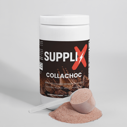 SUPPLI-X CollaChoc collagen powder tub with scoop of chocolate collagen powder