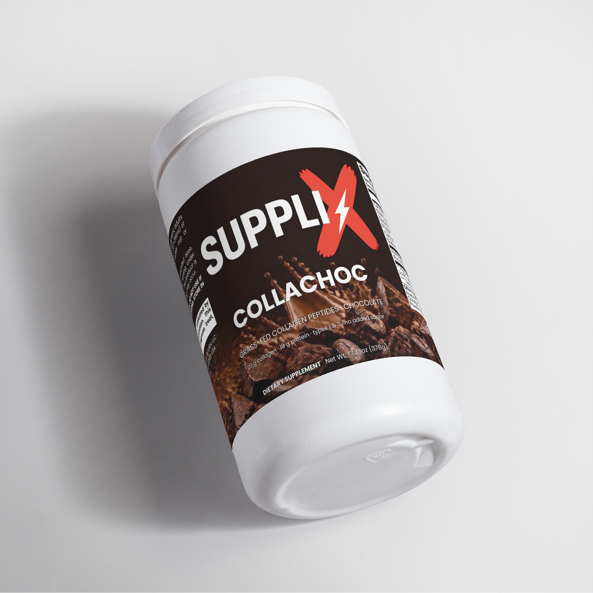 SUPPLI-X CollaChoc chocolate collagen peptides powder tub angled view