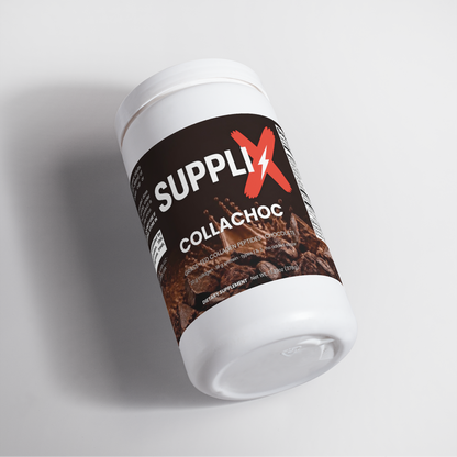 SUPPLI-X CollaChoc chocolate collagen peptides powder tub angled view
