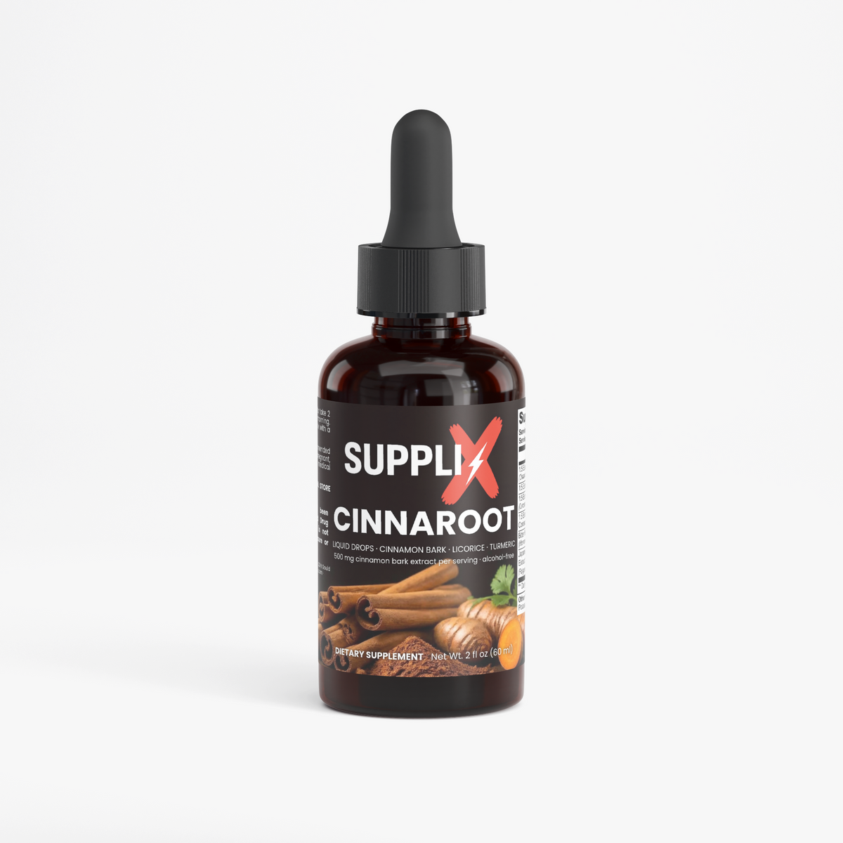SUPPLI-X CinnaRoot Drops liquid botanical extract with cinnamon bark, licorice and turmeric root, 60 ml dropper bottle front view