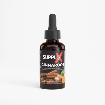 SUPPLI-X CinnaRoot Drops liquid botanical extract with cinnamon bark, licorice and turmeric root, 60 ml dropper bottle front view
