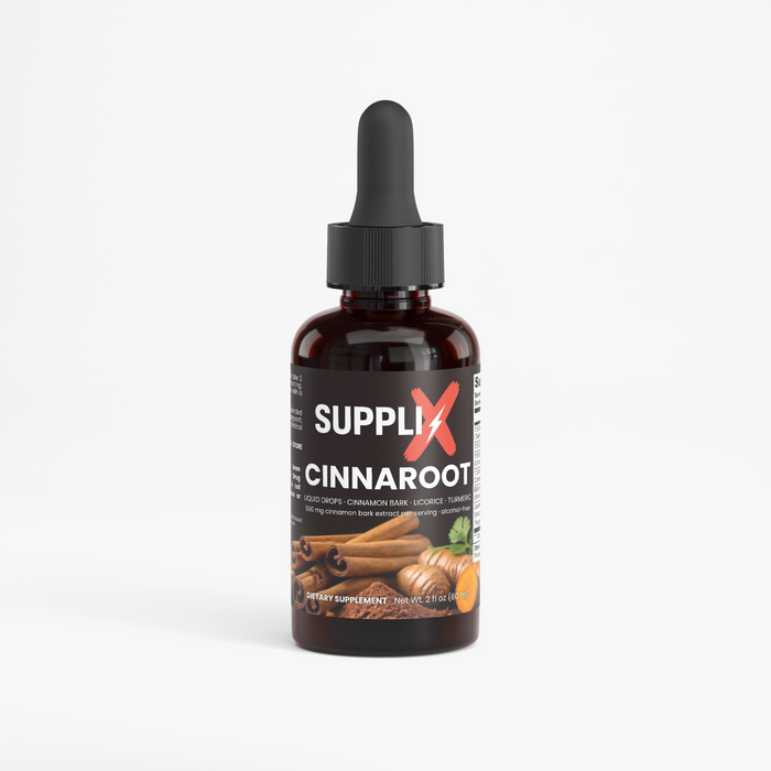 SUPPLI-X CinnaRoot Drops liquid botanical extract with cinnamon bark, licorice and turmeric root, 60 ml dropper bottle front view