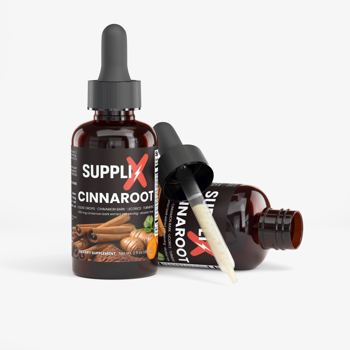 SUPPLI-X CinnaRoot Drops dropper bottle with glass dropper, cinnamon and turmeric liquid extract