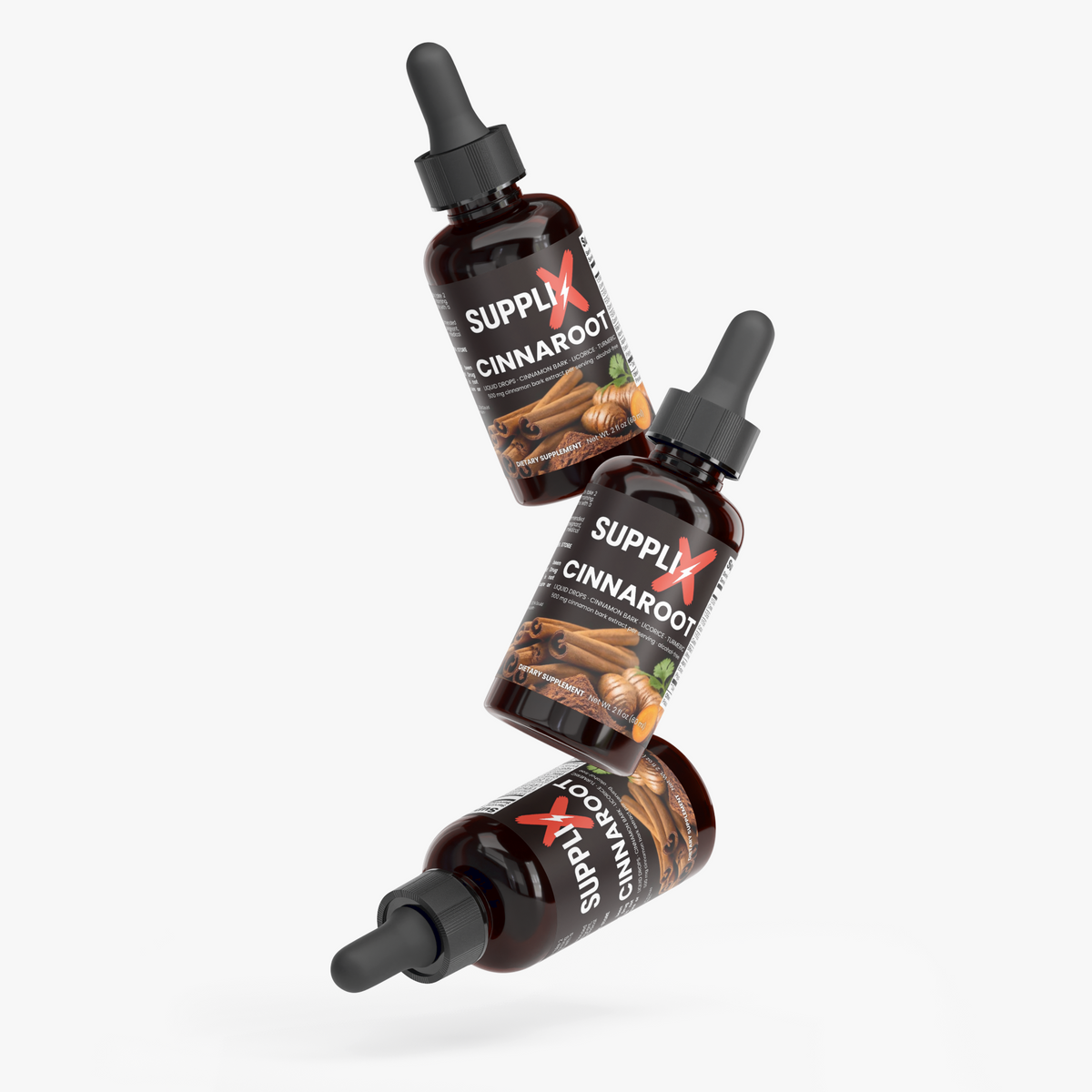 SUPPLI-X CinnaRoot Drops bottle lying on side, cinnamon bark botanical drops 2 fl oz