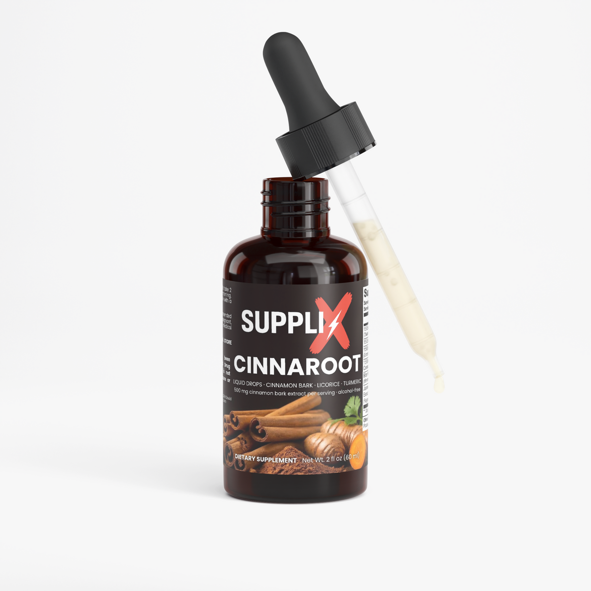 SUPPLI-X CinnaRoot Drops cinnamon bark liquid extract 60 ml bottle, angled view