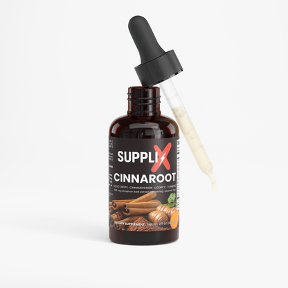 SUPPLI-X CinnaRoot Drops cinnamon bark liquid extract 60 ml bottle, angled view
