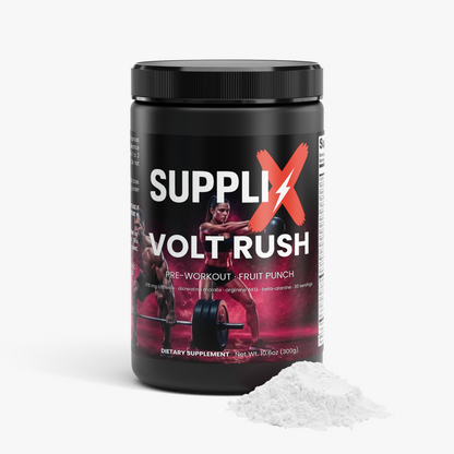 SUPPLI-X Volt Rush pre-workout powder tub with fruit punch label, angled view