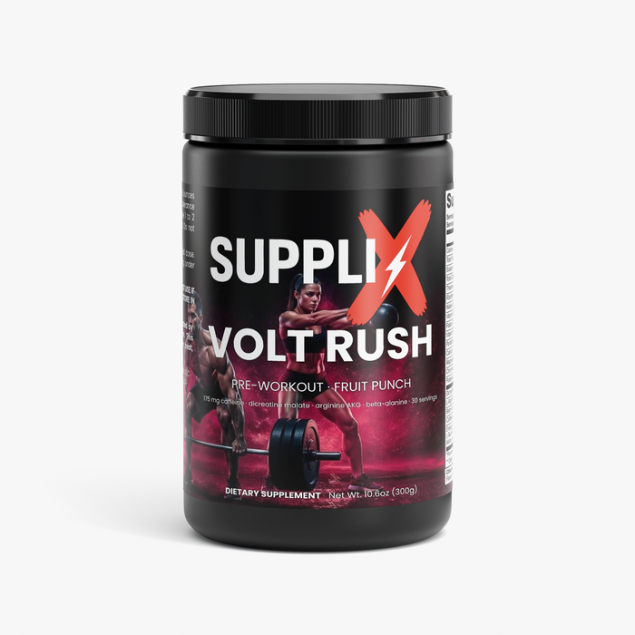 SUPPLI-X Volt Rush Pre-Workout fruit punch powder, 175 mg caffeine per scoop, 300 g tub front view