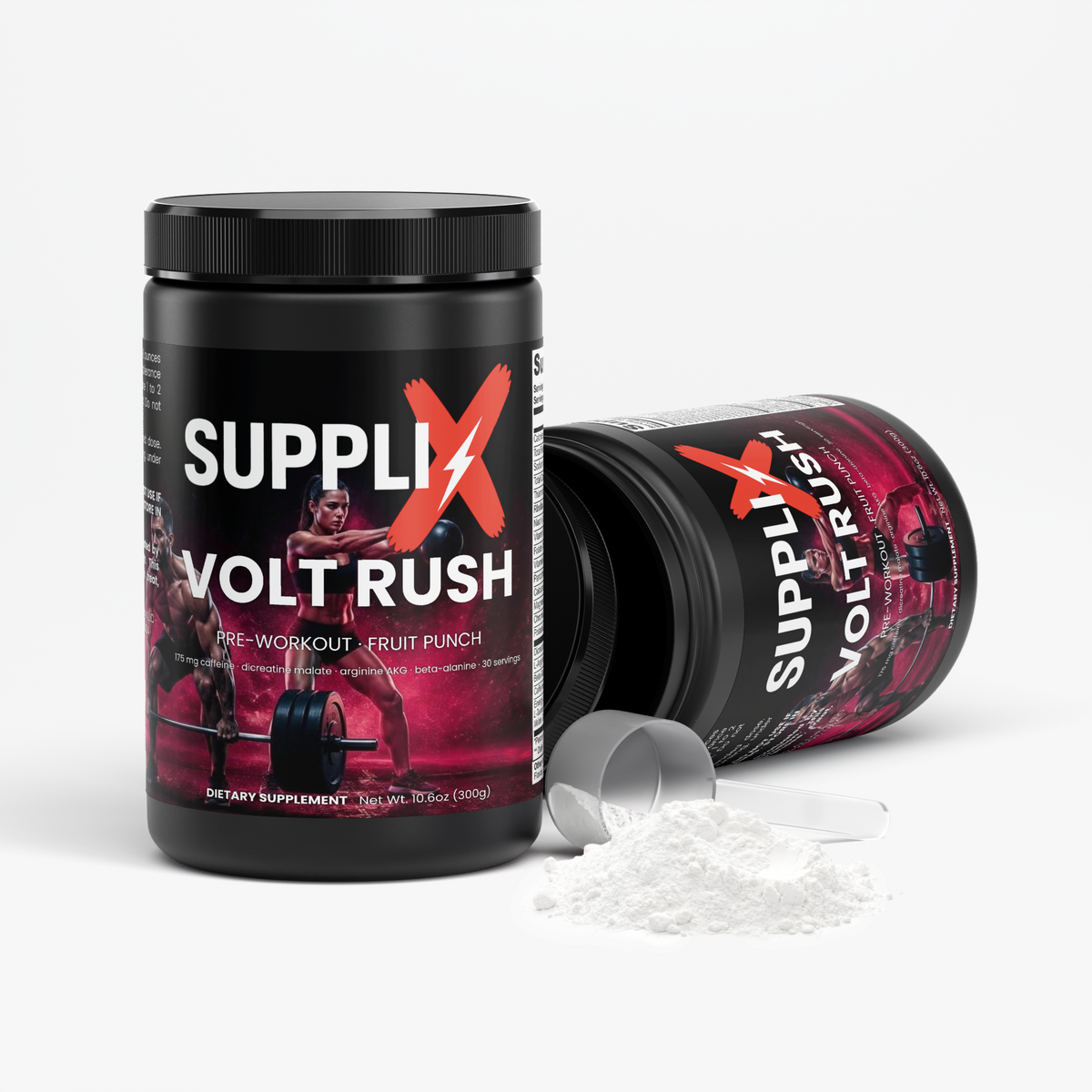 SUPPLI-X Volt Rush pre-workout tub with scoop of fruit punch powder