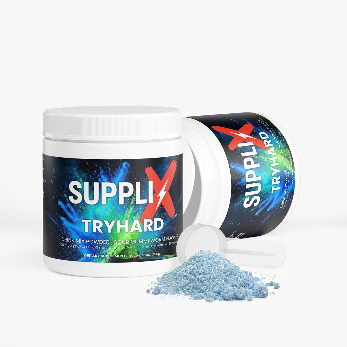 SUPPLI-X Tryhard Drink Mix Sour Gummi Worm tub with open lid, scoop and blue powder