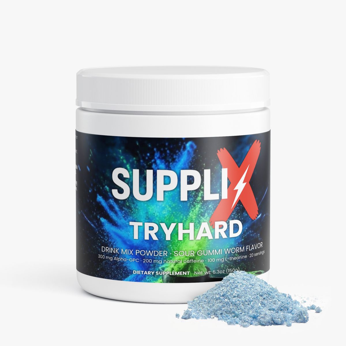SUPPLI-X Tryhard Drink Mix Sour Gummi Worm tub with a pile of blue powder