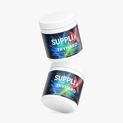 SUPPLI-X Tryhard Drink Mix Sour Gummi Worm, two tubs floating