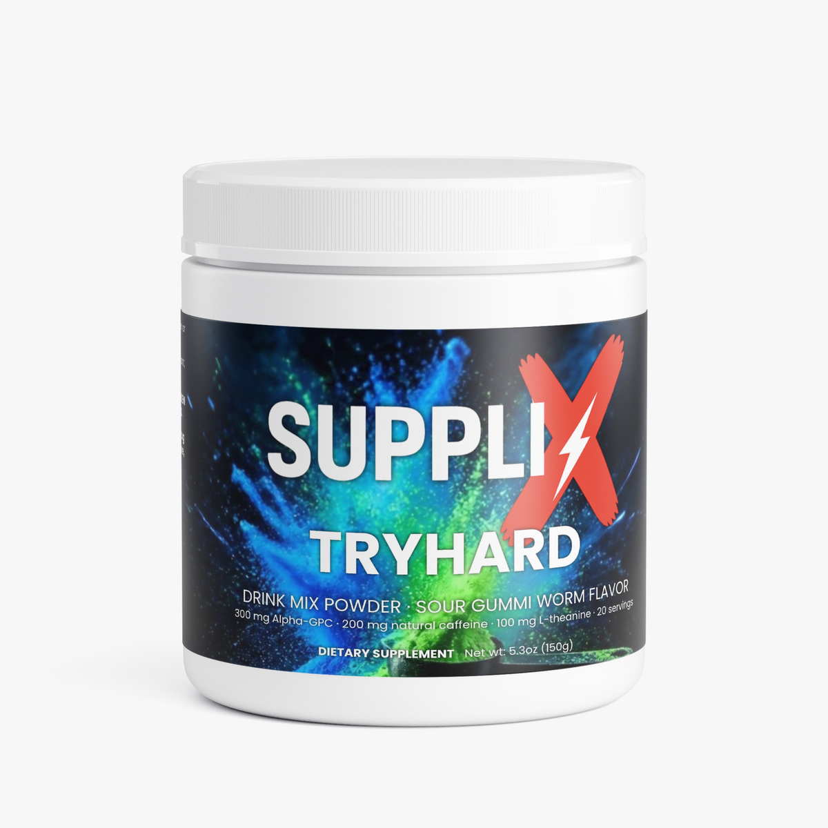 SUPPLI-X Tryhard Drink Mix Sour Gummi Worm, 150 g tub with blue-green label – front view