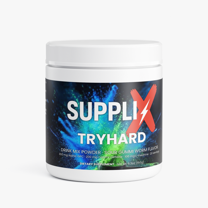 SUPPLI-X Tryhard Drink Mix Sour Gummi Worm, 150 g tub with blue-green label – front view