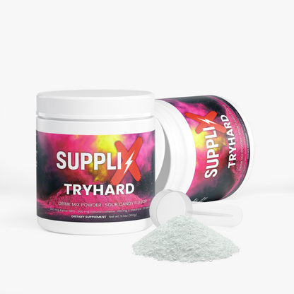 SUPPLI-X Tryhard Drink Mix Sour Candy tub with open lid, scoop and powder