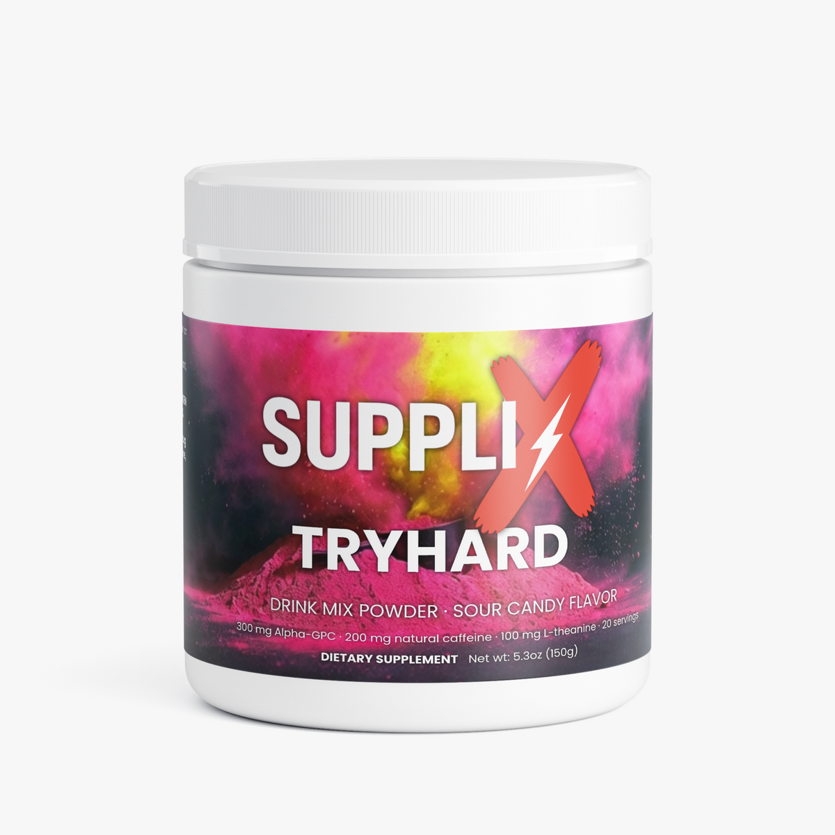 SUPPLI-X Tryhard Drink Mix Sour Candy, 150 g tub with pink label – front view
