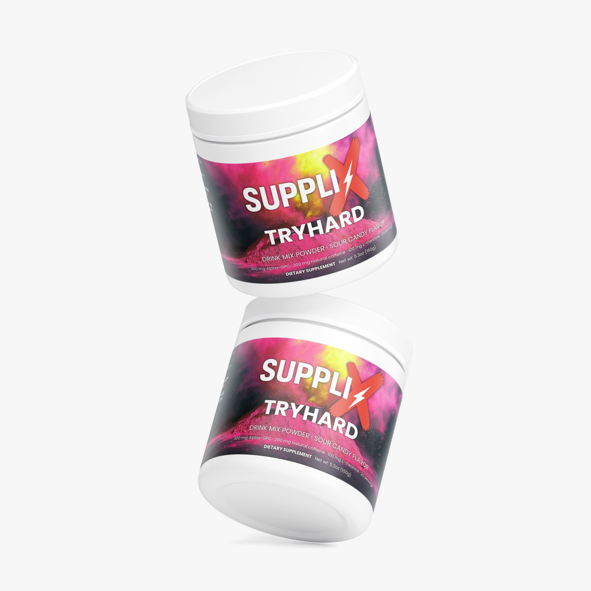SUPPLI-X Tryhard Drink Mix Sour Candy, two tubs floating