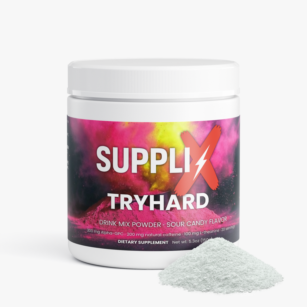 SUPPLI-X Tryhard Drink Mix Sour Candy tub with a pile of powder
